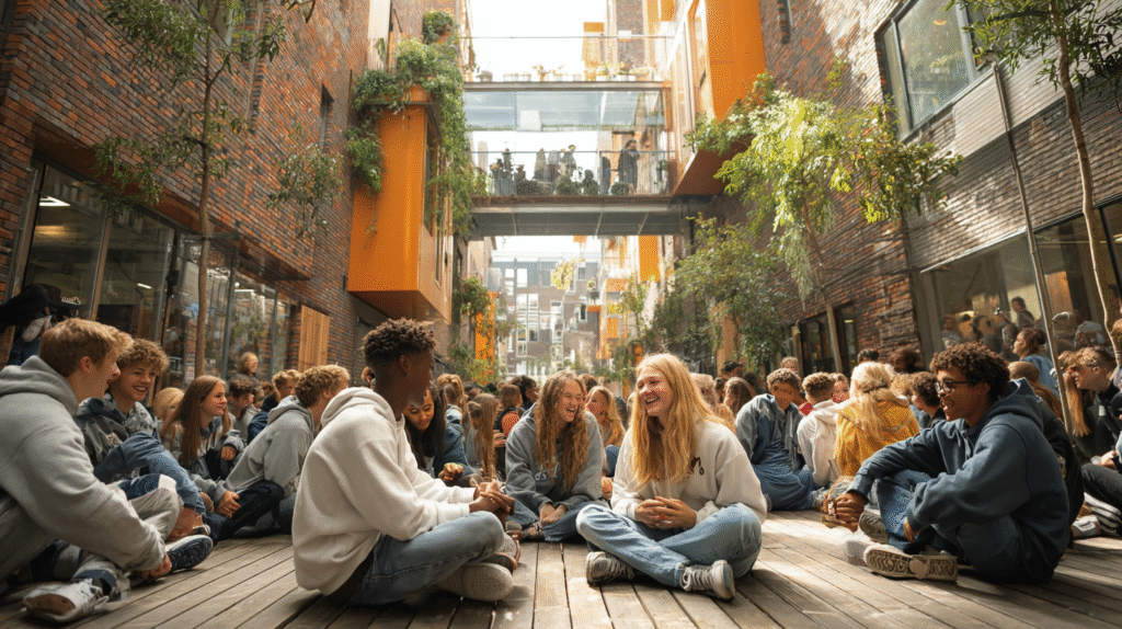 Students interacting and smiling in a school courtyard — no phones, no distractions, supported by lockable phone pouches for schools