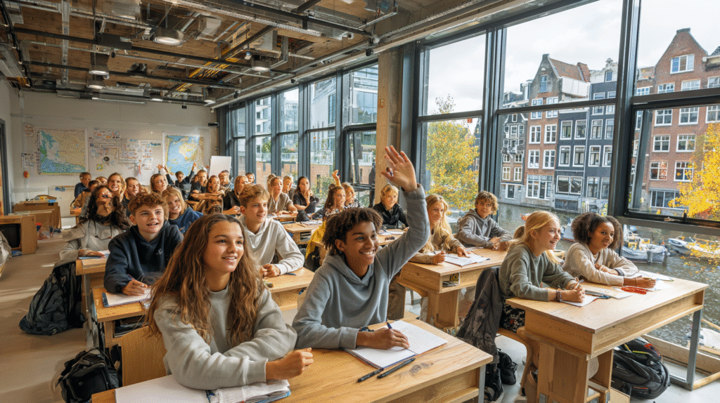 Students focused and engaged in a phone-free Dutch classroom using lockable phone pouches for schools